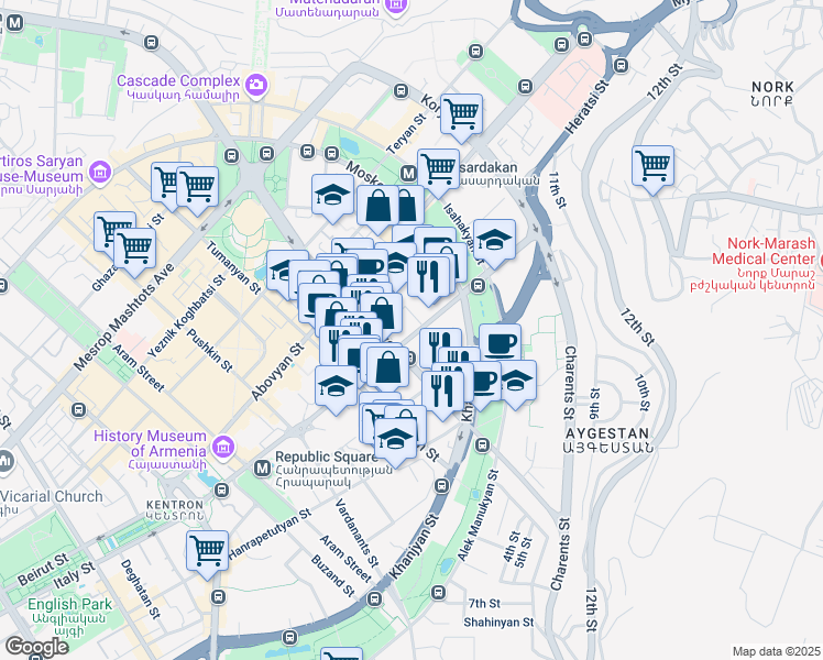 map of restaurants, bars, coffee shops, grocery stores, and more near 29 Nalbandyan Street in Yerevan