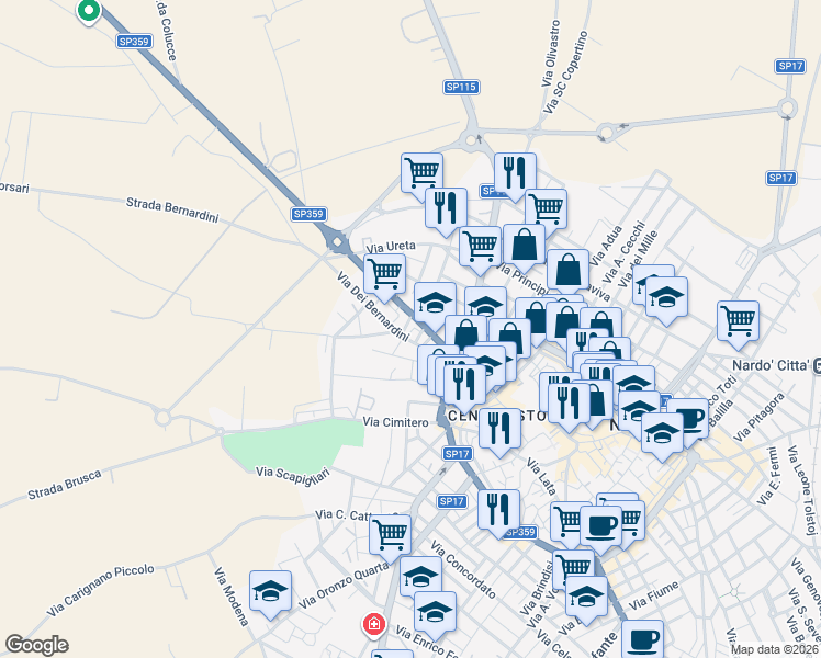 map of restaurants, bars, coffee shops, grocery stores, and more near 56 Via G. Murat in Nardò