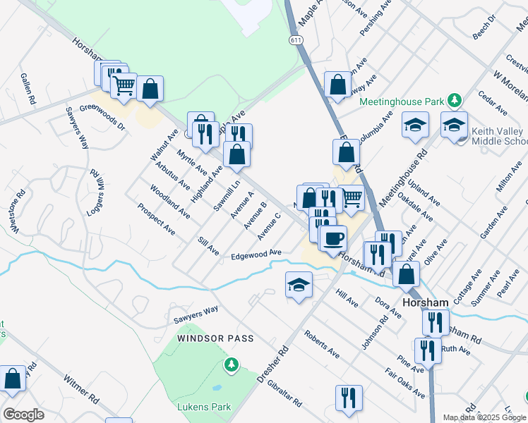 map of restaurants, bars, coffee shops, grocery stores, and more near 405 Avenue B in Horsham