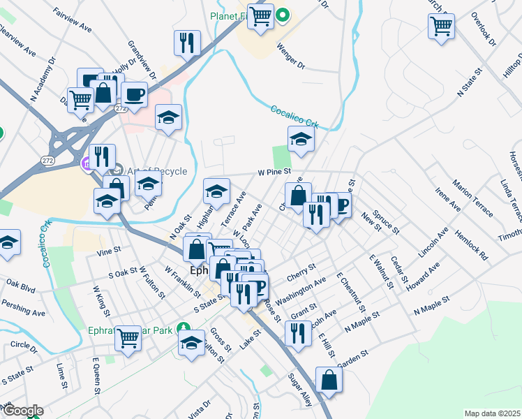 map of restaurants, bars, coffee shops, grocery stores, and more near 155 Park Avenue in Ephrata