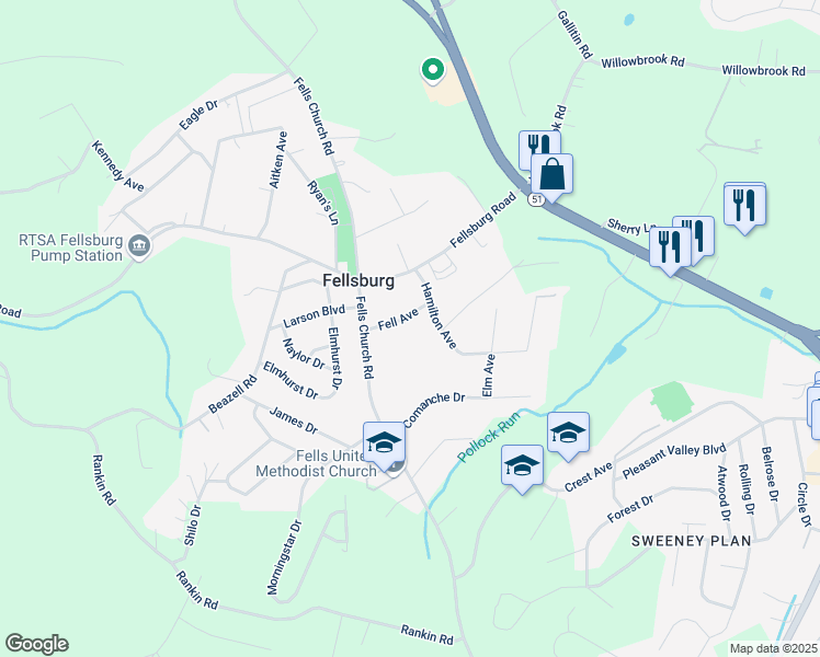 map of restaurants, bars, coffee shops, grocery stores, and more near 110 Fell Avenue in Belle Vernon