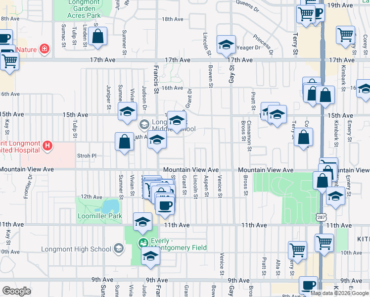 map of restaurants, bars, coffee shops, grocery stores, and more near 1338 Grant Street in Longmont