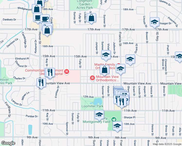 map of restaurants, bars, coffee shops, grocery stores, and more near 1805 Linden Street in Longmont