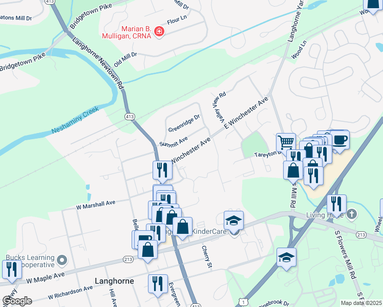 map of restaurants, bars, coffee shops, grocery stores, and more near 338 East Winchester Avenue in Langhorne