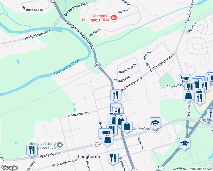map of restaurants, bars, coffee shops, grocery stores, and more near 130 Summit Avenue in Langhorne