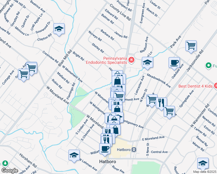 map of restaurants, bars, coffee shops, grocery stores, and more near 16 Concord Place in Hatboro