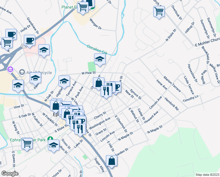 map of restaurants, bars, coffee shops, grocery stores, and more near 324 North State Street in Ephrata