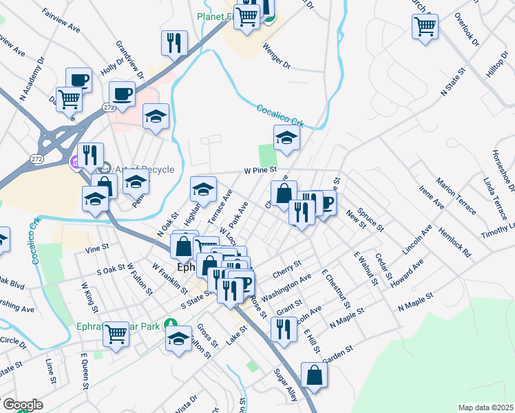 map of restaurants, bars, coffee shops, grocery stores, and more near 169 Church Avenue in Ephrata
