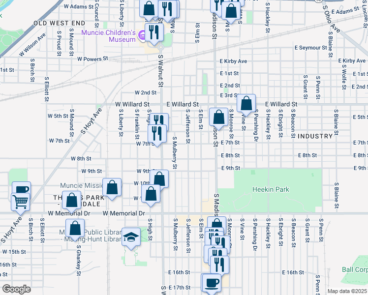map of restaurants, bars, coffee shops, grocery stores, and more near 224 East 8th Street in Muncie