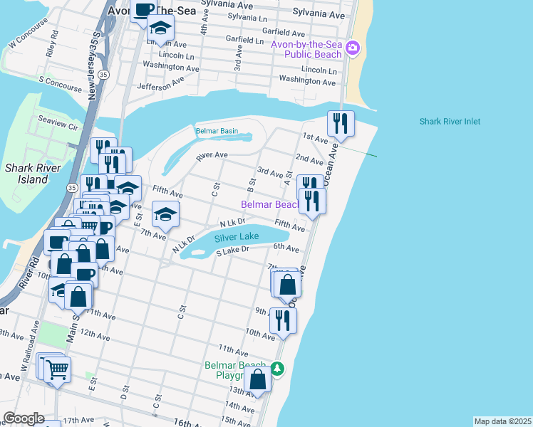 map of restaurants, bars, coffee shops, grocery stores, and more near 206 5th Avenue in Belmar