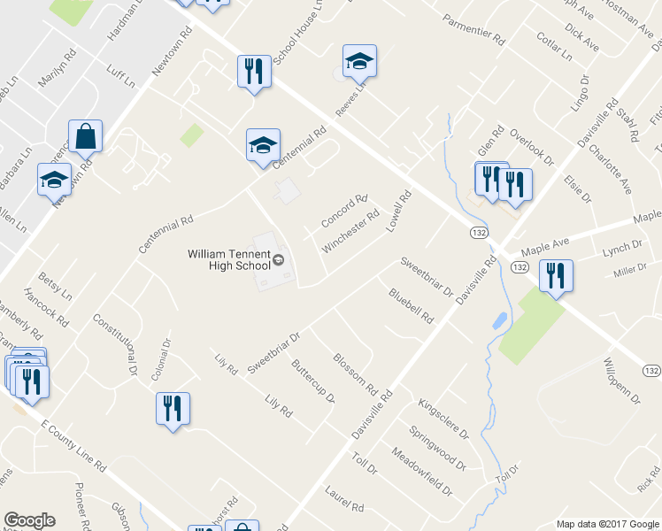 map of restaurants, bars, coffee shops, grocery stores, and more near 560 Lowell Road in Warminster