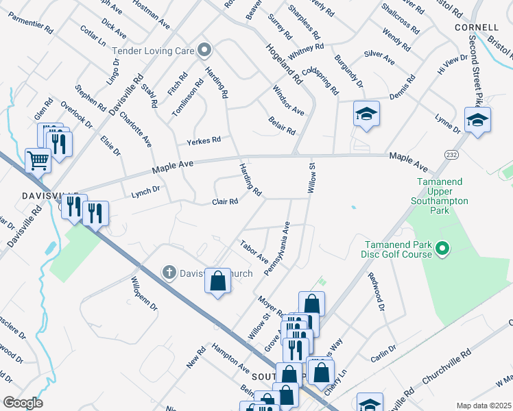 map of restaurants, bars, coffee shops, grocery stores, and more near 968 Willopenn Drive in Southampton