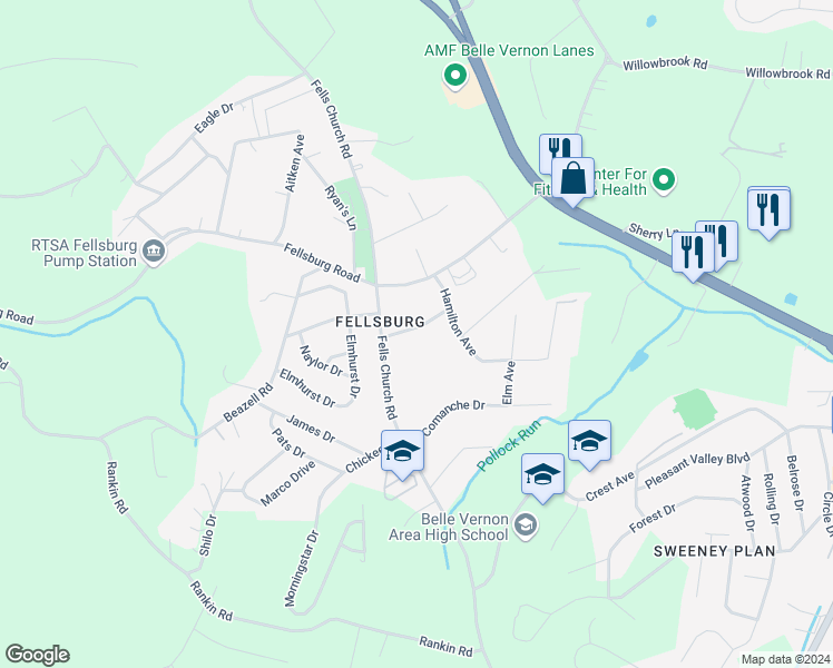 map of restaurants, bars, coffee shops, grocery stores, and more near 110 Fell Avenue in Belle Vernon