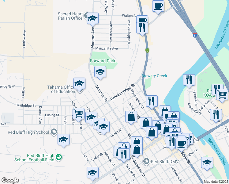 map of restaurants, bars, coffee shops, grocery stores, and more near 1452 Madison Street in Red Bluff