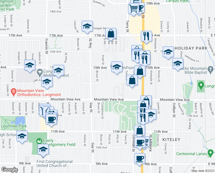 map of restaurants, bars, coffee shops, grocery stores, and more near 1048 Townley Circle in Longmont
