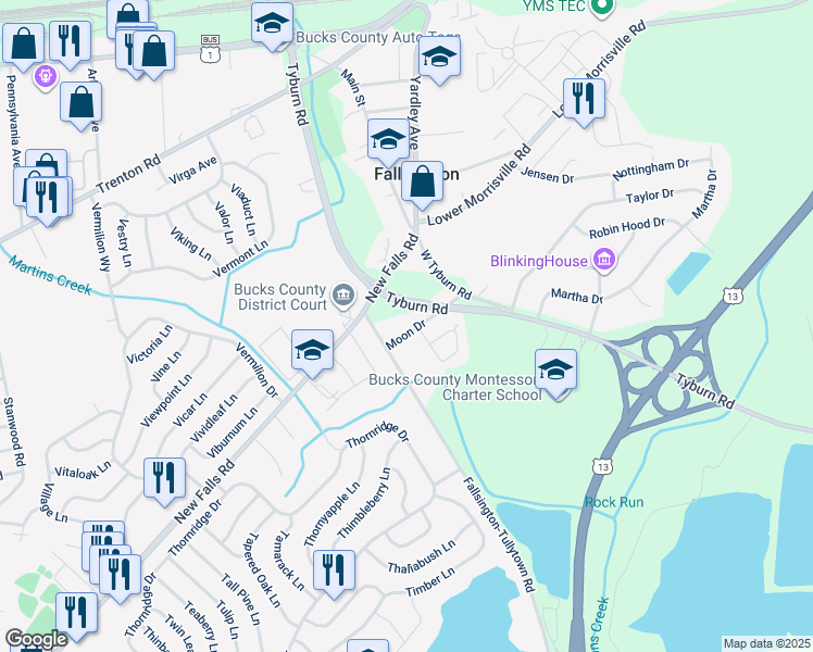 map of restaurants, bars, coffee shops, grocery stores, and more near 27 Moon Drive in Levittown