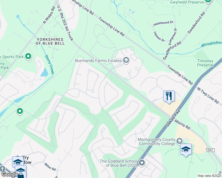 map of restaurants, bars, coffee shops, grocery stores, and more near 156 Sawgrass Drive in Blue Bell