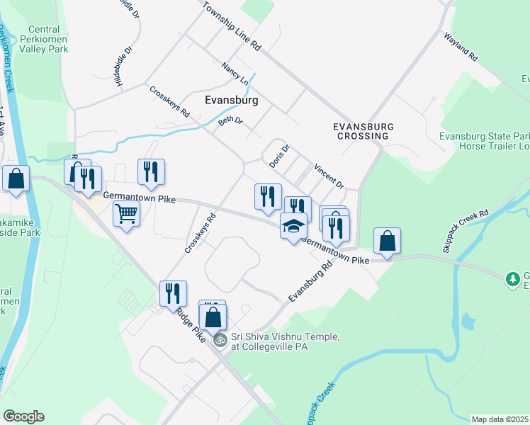 map of restaurants, bars, coffee shops, grocery stores, and more near 3852 Germantown Pike in Collegeville