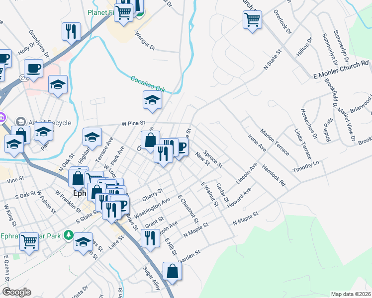map of restaurants, bars, coffee shops, grocery stores, and more near 433 North State Street in Ephrata