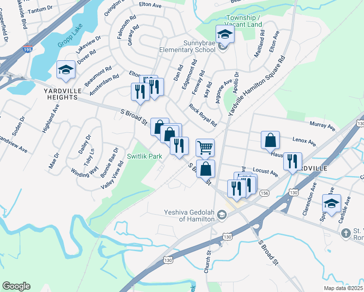map of restaurants, bars, coffee shops, grocery stores, and more near 4327 South Broad Street in Trenton