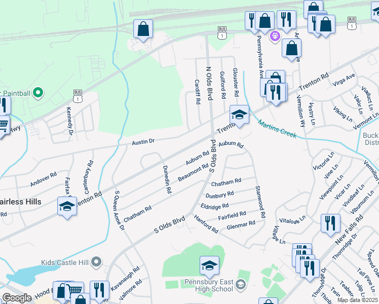 map of restaurants, bars, coffee shops, grocery stores, and more near 688 Trenton Road in Fairless Hills