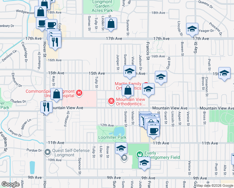 map of restaurants, bars, coffee shops, grocery stores, and more near 1406 Sunset Street in Longmont