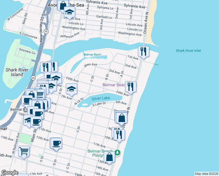 map of restaurants, bars, coffee shops, grocery stores, and more near 207 4th Avenue in Belmar