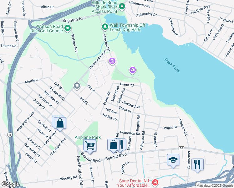 map of restaurants, bars, coffee shops, grocery stores, and more near 1310 Squirrel Road in Wall Township
