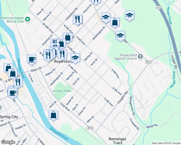 map of restaurants, bars, coffee shops, grocery stores, and more near 431 Green Street in Royersford