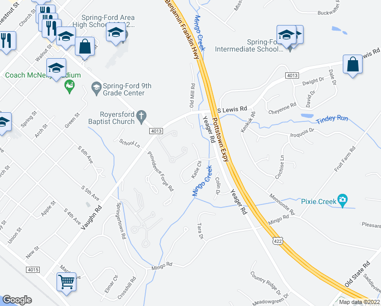 map of restaurants, bars, coffee shops, grocery stores, and more near 40 Orchard Court in Royersford