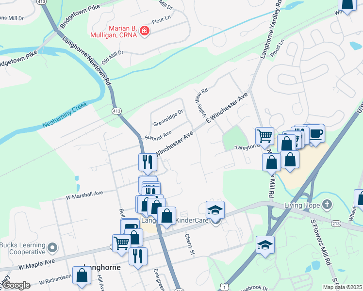 map of restaurants, bars, coffee shops, grocery stores, and more near 338 East Winchester Avenue in Langhorne