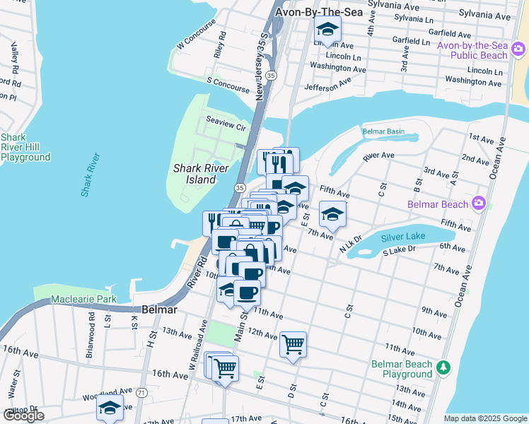 map of restaurants, bars, coffee shops, grocery stores, and more near 703 6th Avenue in Belmar