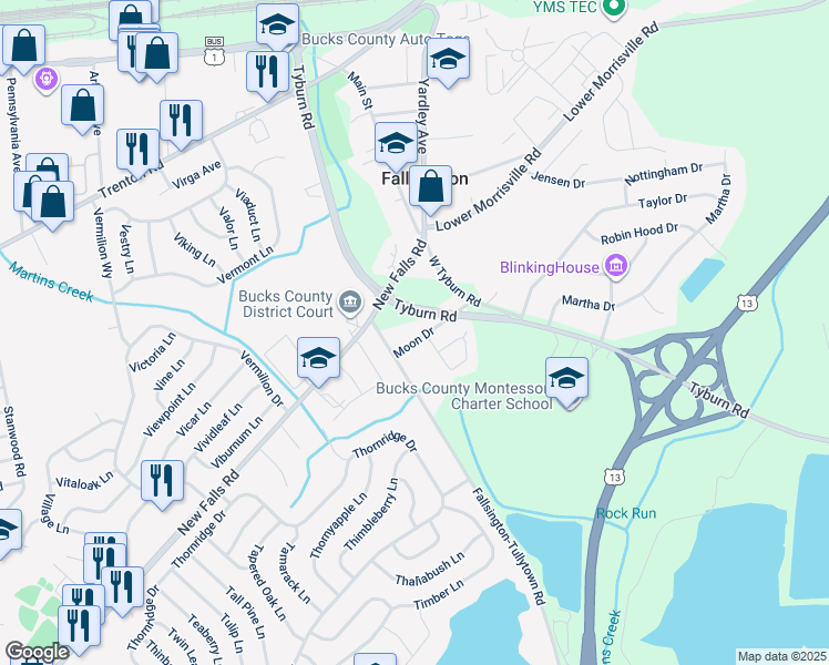 map of restaurants, bars, coffee shops, grocery stores, and more near 27 Moon Drive in Levittown