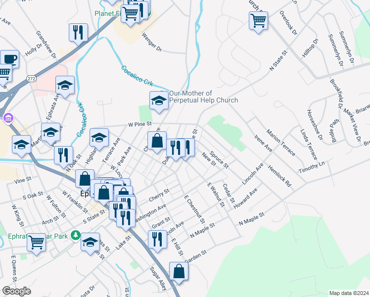 map of restaurants, bars, coffee shops, grocery stores, and more near 422 North State Street in Ephrata