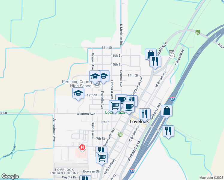 map of restaurants, bars, coffee shops, grocery stores, and more near 1170 Elmhurst Avenue in Lovelock