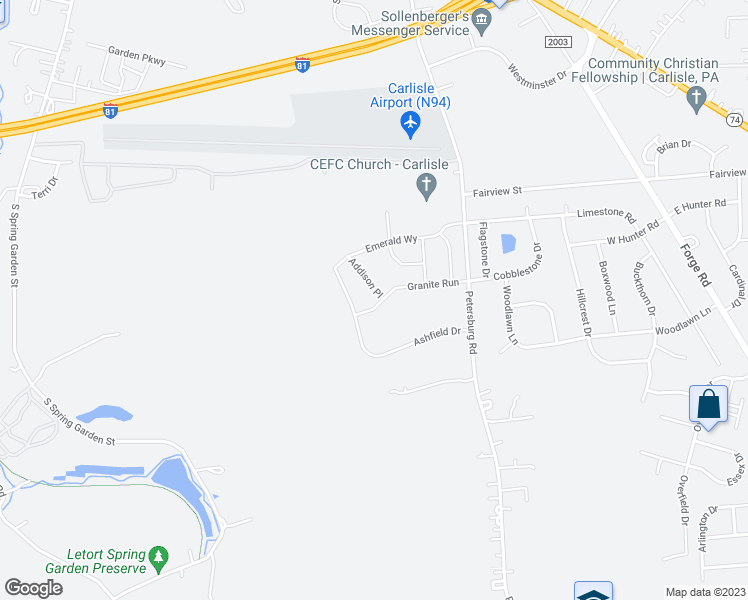 map of restaurants, bars, coffee shops, grocery stores, and more near 903 Addison Place in Carlisle