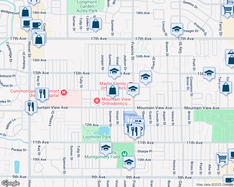 map of restaurants, bars, coffee shops, grocery stores, and more near 1605 14th Avenue in Longmont