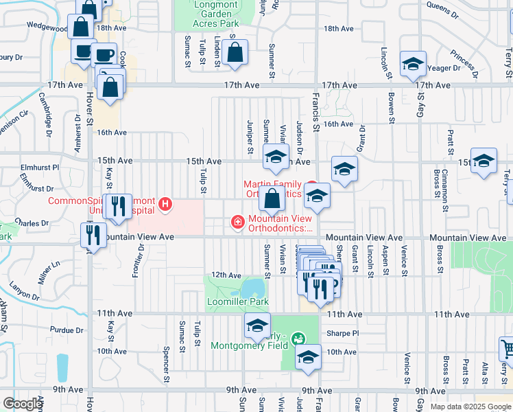 map of restaurants, bars, coffee shops, grocery stores, and more near 1350 Sumner Street in Longmont