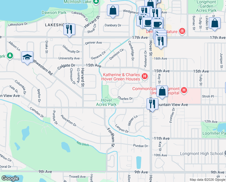 map of restaurants, bars, coffee shops, grocery stores, and more near 2615 Elmhurst Circle in Longmont