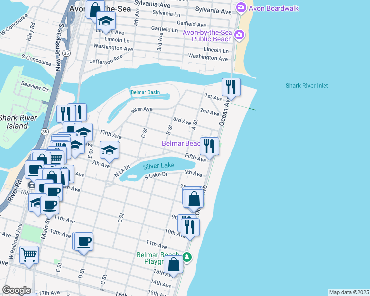 map of restaurants, bars, coffee shops, grocery stores, and more near 207 4th Avenue in Belmar