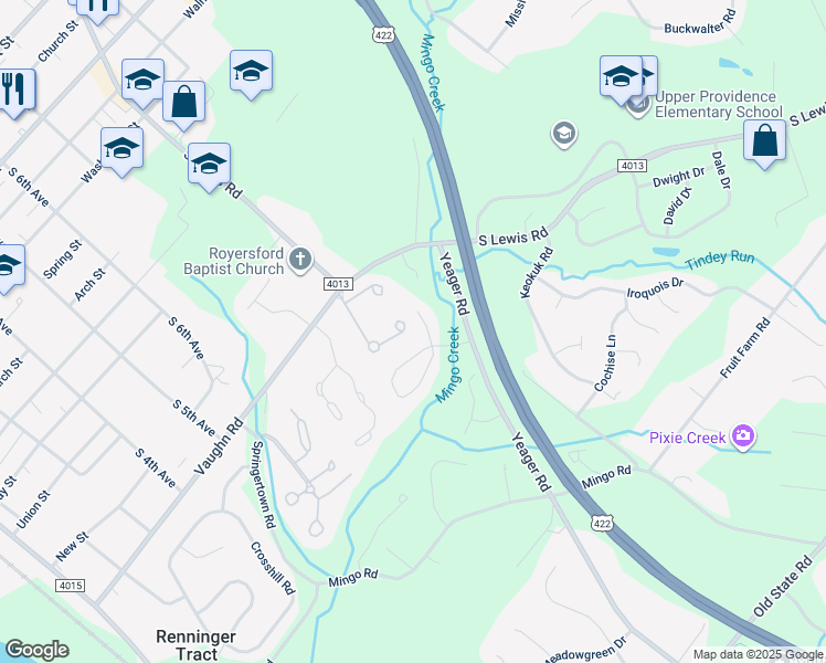 map of restaurants, bars, coffee shops, grocery stores, and more near 40 Orchard Court in Royersford