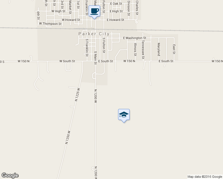 map of restaurants, bars, coffee shops, grocery stores, and more near 11847 W 150 N in Parker City
