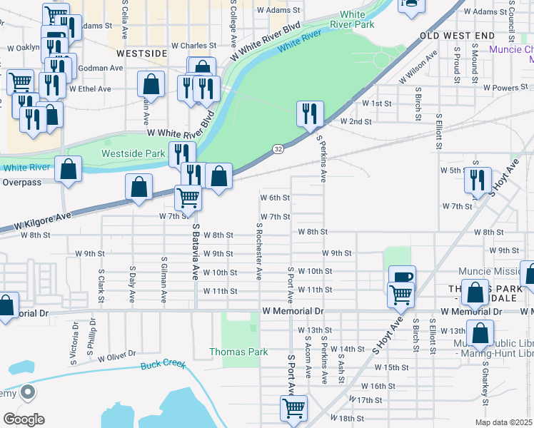 map of restaurants, bars, coffee shops, grocery stores, and more near 1813 West 6th Street in Muncie