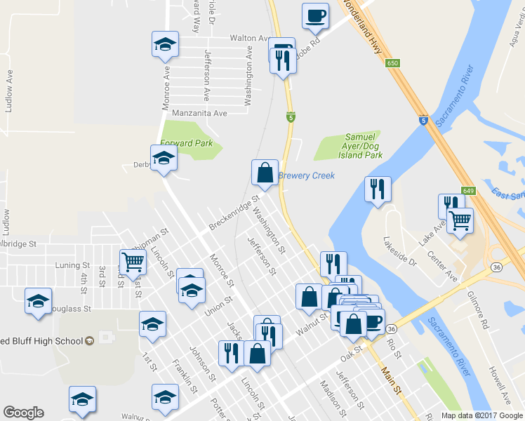 map of restaurants, bars, coffee shops, grocery stores, and more near 1320 Washington Street in Red Bluff