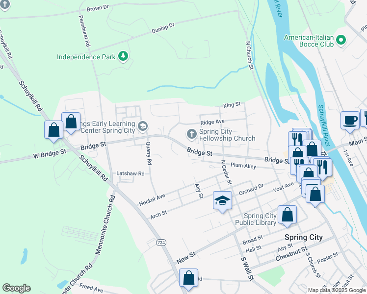 map of restaurants, bars, coffee shops, grocery stores, and more near 601 Bridge Street in Spring City