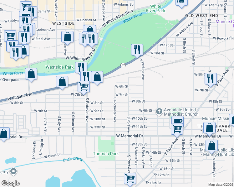 map of restaurants, bars, coffee shops, grocery stores, and more near 1813 West 6th Street in Muncie