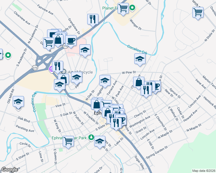 map of restaurants, bars, coffee shops, grocery stores, and more near 99 Highland Avenue in Ephrata