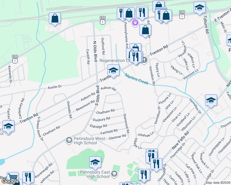 map of restaurants, bars, coffee shops, grocery stores, and more near 815 Auburn Road in Fairless Hills