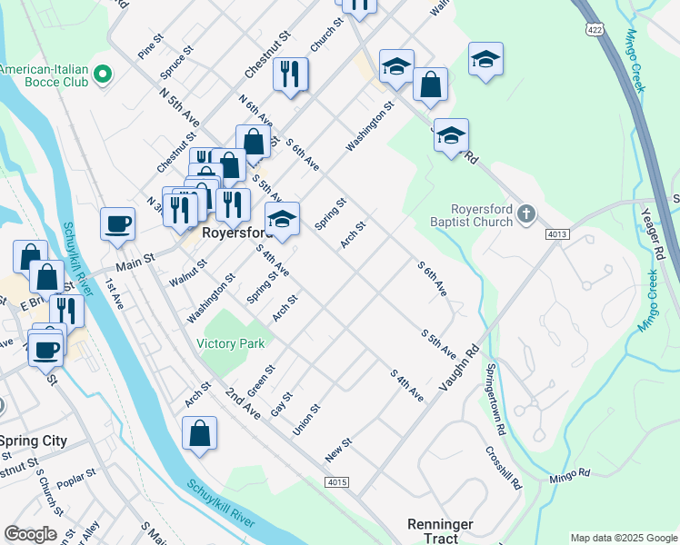 map of restaurants, bars, coffee shops, grocery stores, and more near 431 Green Street in Royersford