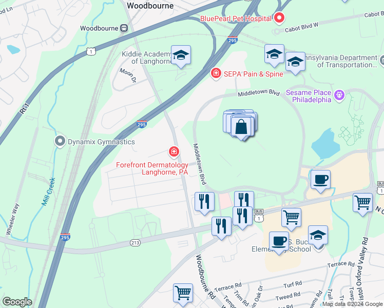 map of restaurants, bars, coffee shops, grocery stores, and more near 300 Middletown Boulevard in Langhorne